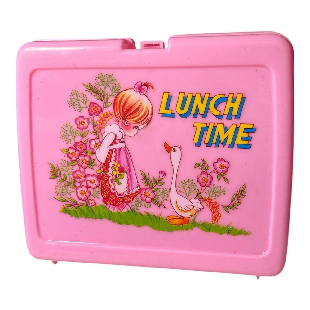 Vintage 1980'S Pink LUNCH TIME Lunch Box Goose Flowers